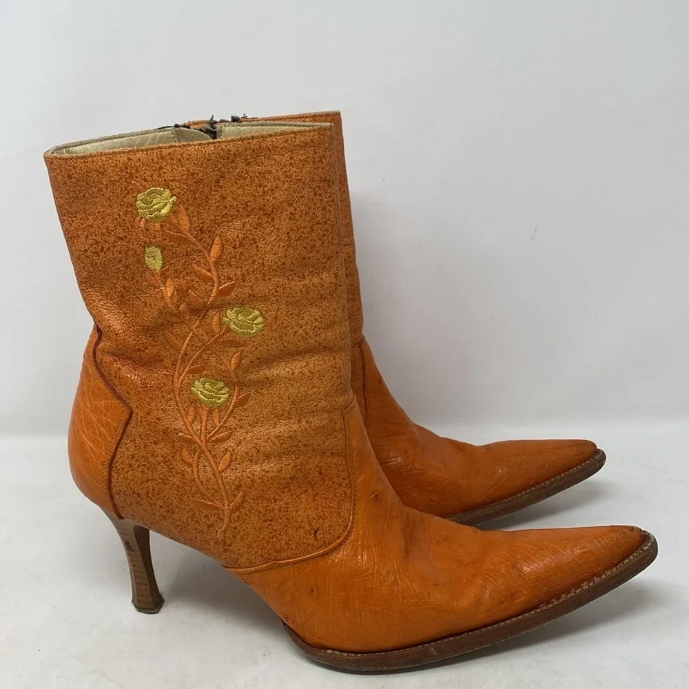 Lagarto Orange Yellow Embroidered Leather Point Toe Heeled Boots - Picture 3 of 12